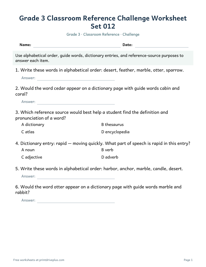 Preview of Grade 3 Classroom Reference Challenge Worksheet Set 012