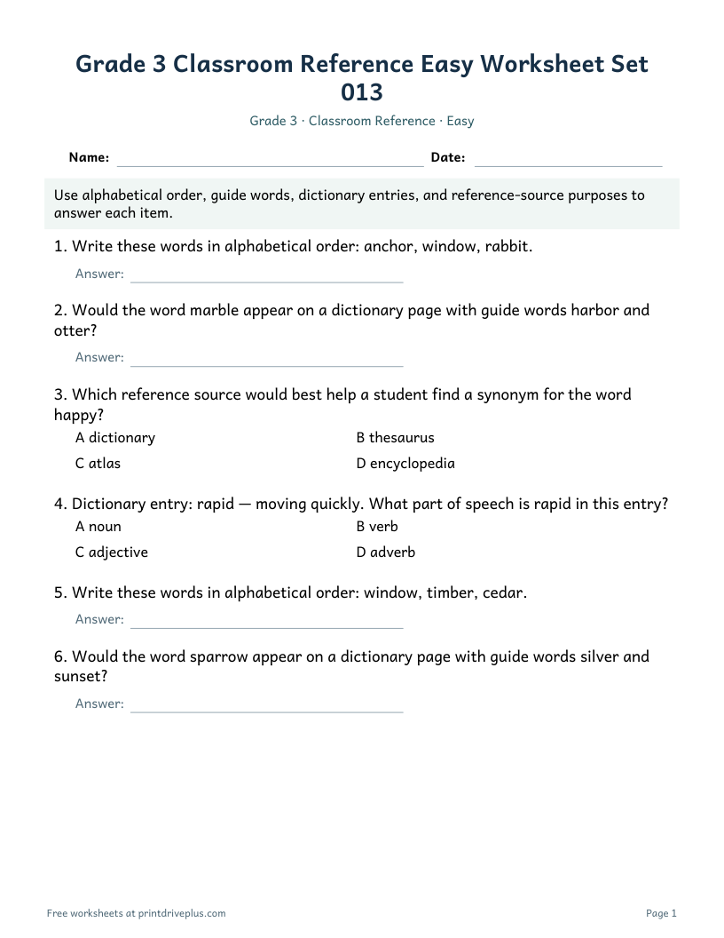 Preview of Grade 3 Classroom Reference Easy Worksheet Set 013