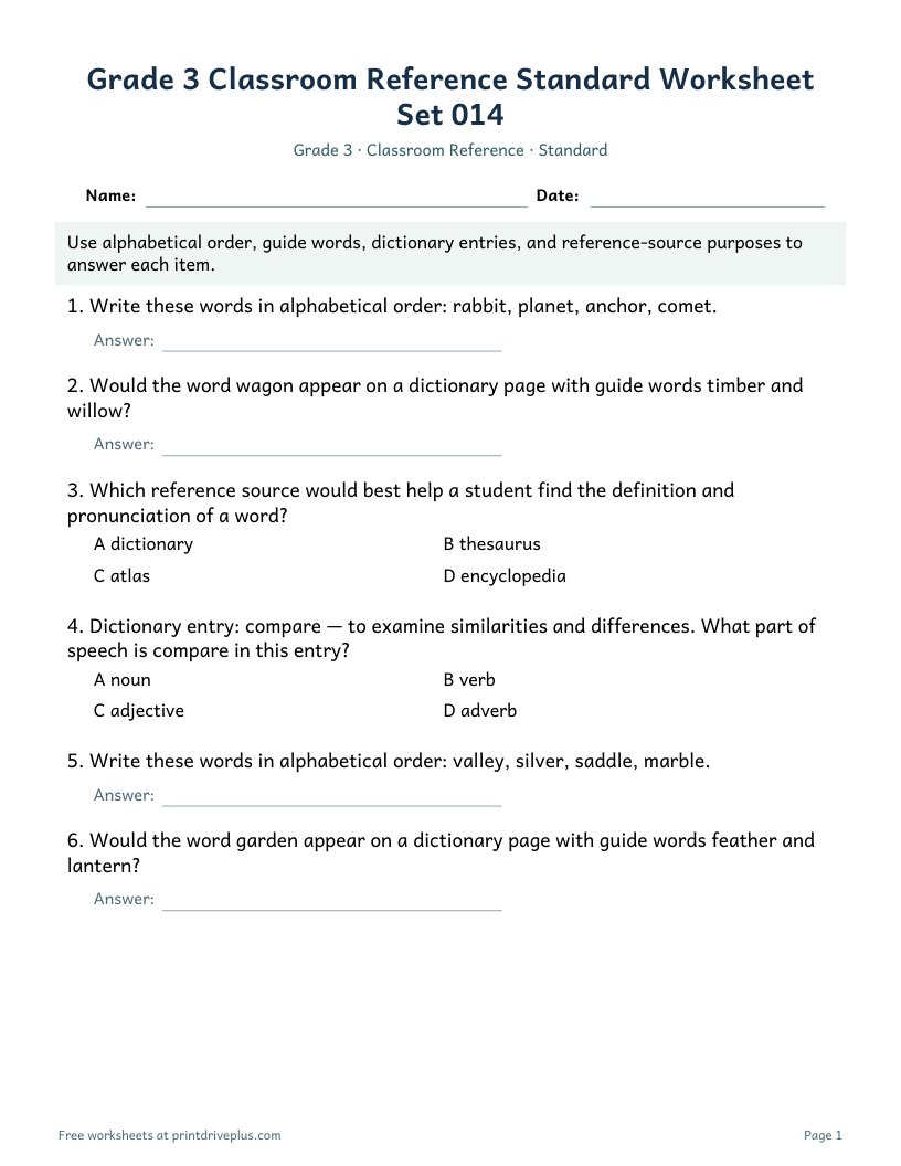Preview of Grade 3 Classroom Reference Standard Worksheet Set 014