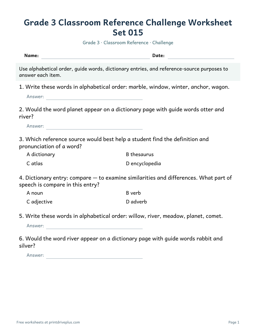 Preview of Grade 3 Classroom Reference Challenge Worksheet Set 015