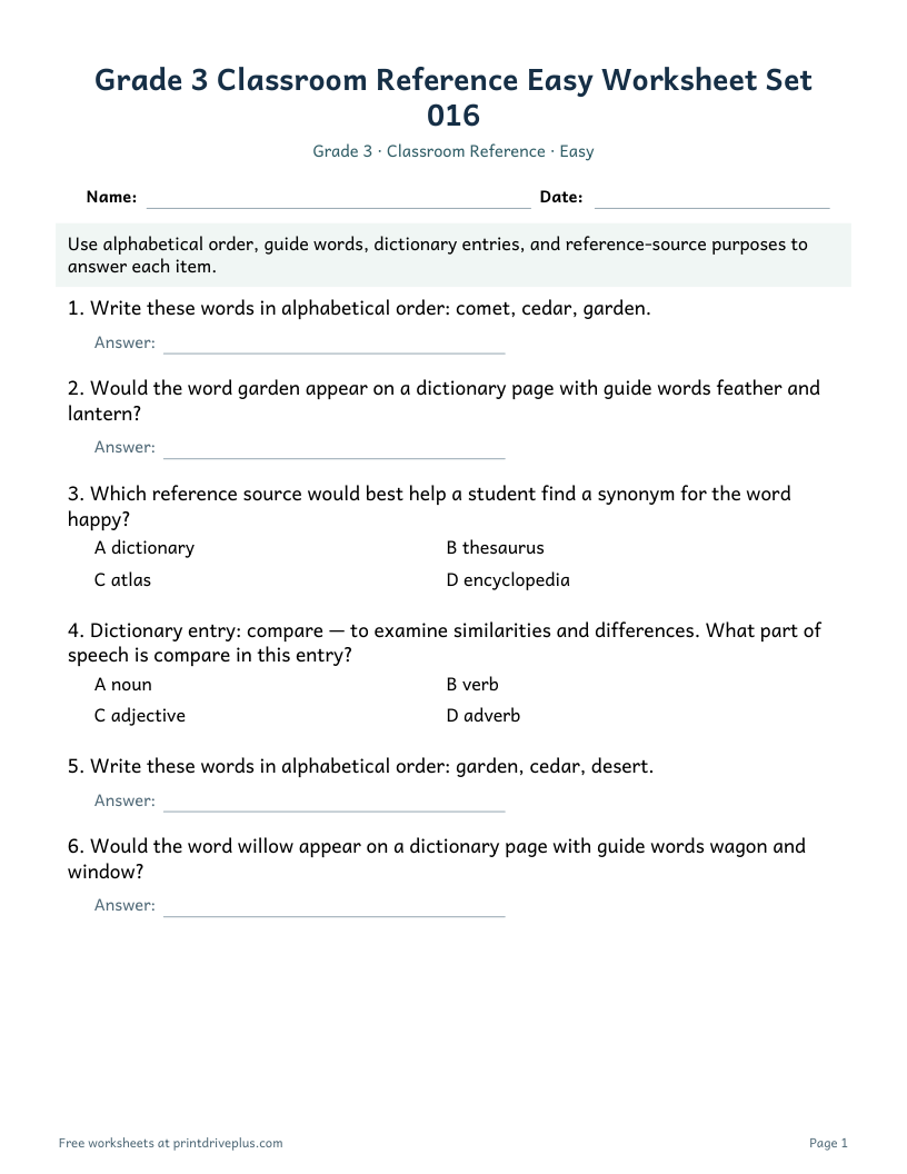 Preview of Grade 3 Classroom Reference Easy Worksheet Set 016