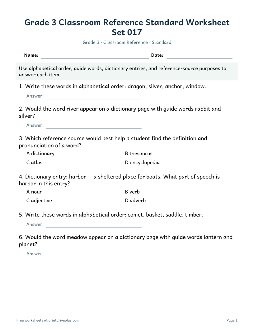 Preview of Grade 3 Classroom Reference Standard Worksheet Set 017