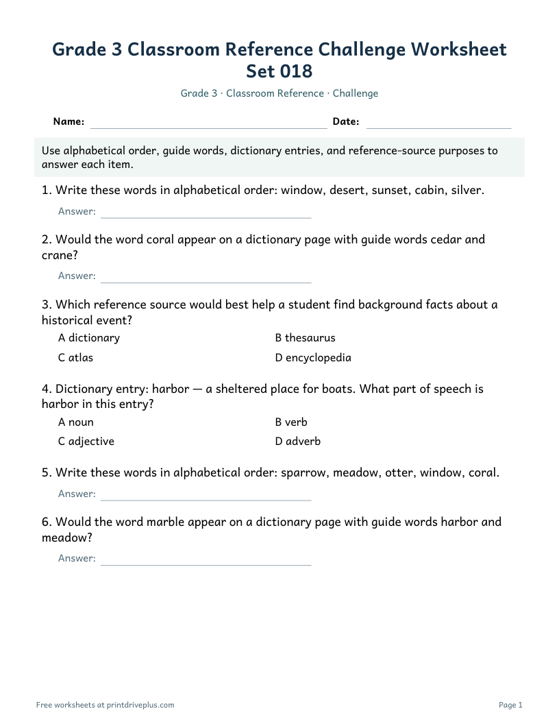 Preview of Grade 3 Classroom Reference Challenge Worksheet Set 018