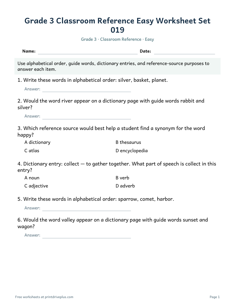 Preview of Grade 3 Classroom Reference Easy Worksheet Set 019