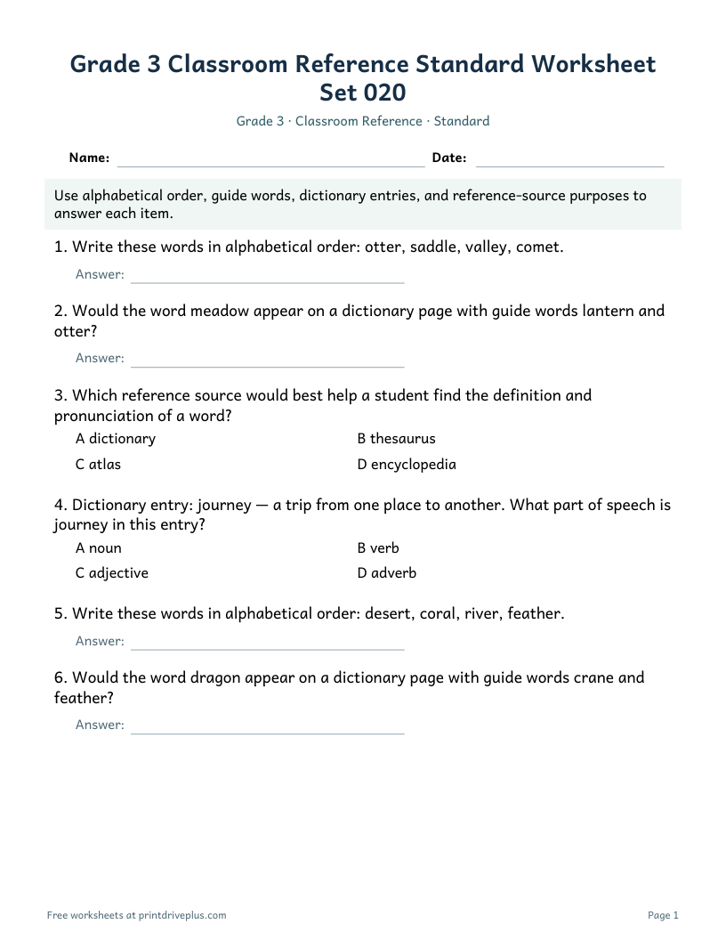 Preview of Grade 3 Classroom Reference Standard Worksheet Set 020