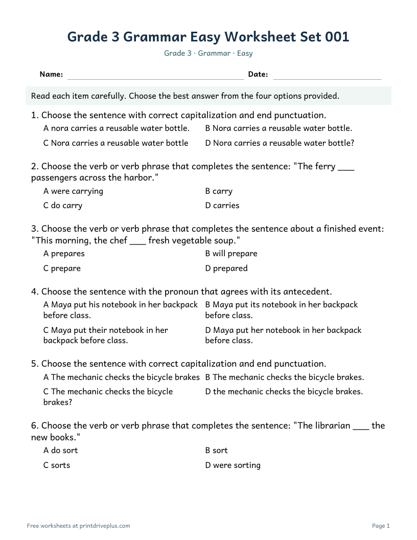 Preview of Grade 3 Grammar Easy Worksheet Set 001