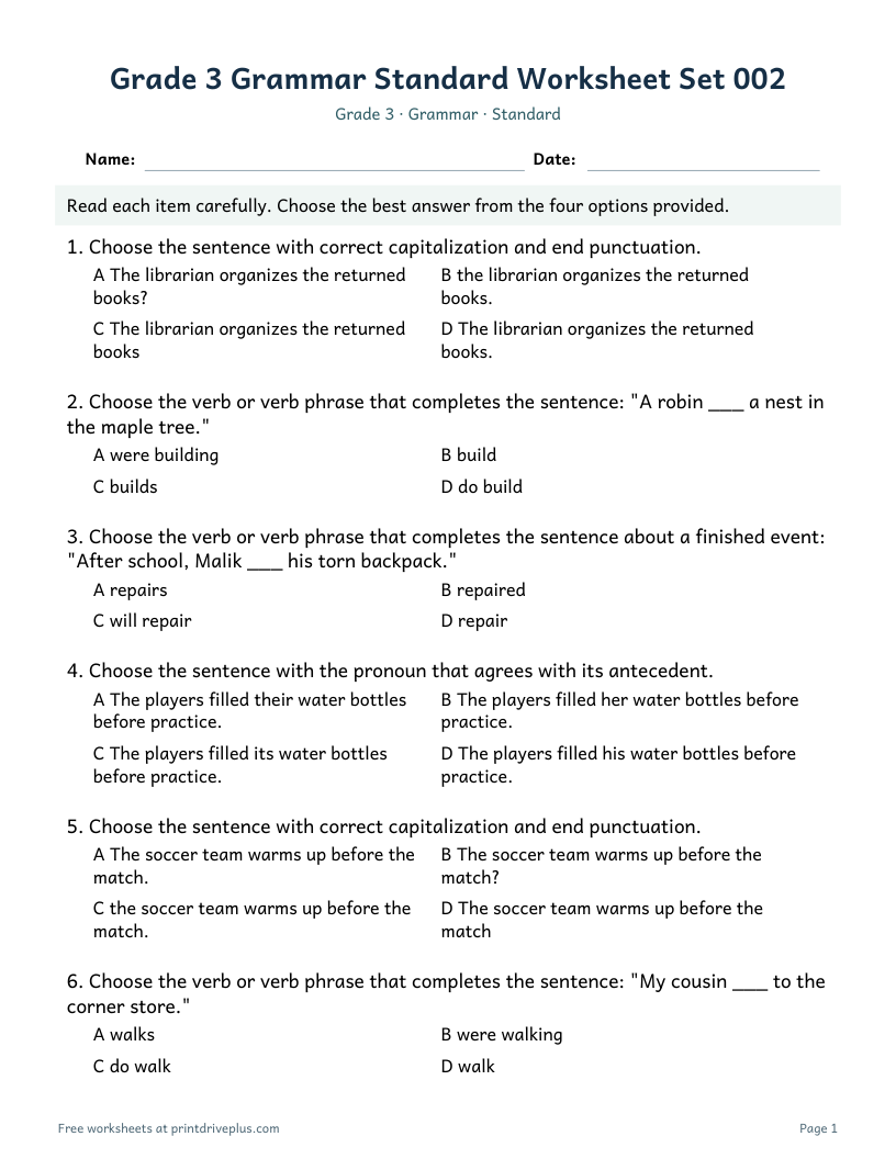 Preview of Grade 3 Grammar Standard Worksheet Set 002