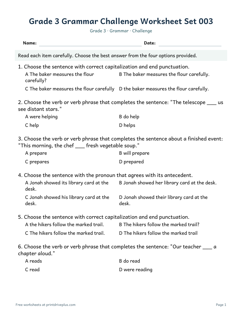 Preview of Grade 3 Grammar Challenge Worksheet Set 003