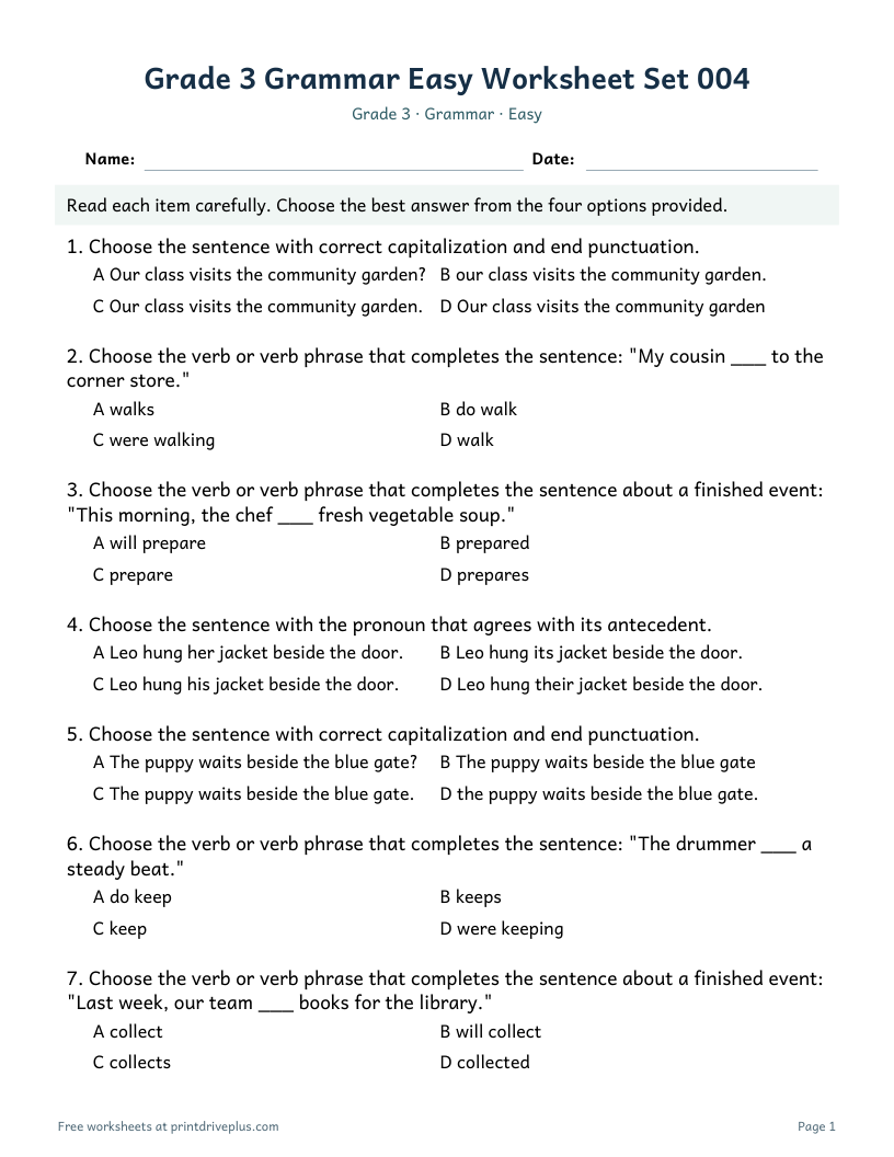 Preview of Grade 3 Grammar Easy Worksheet Set 004