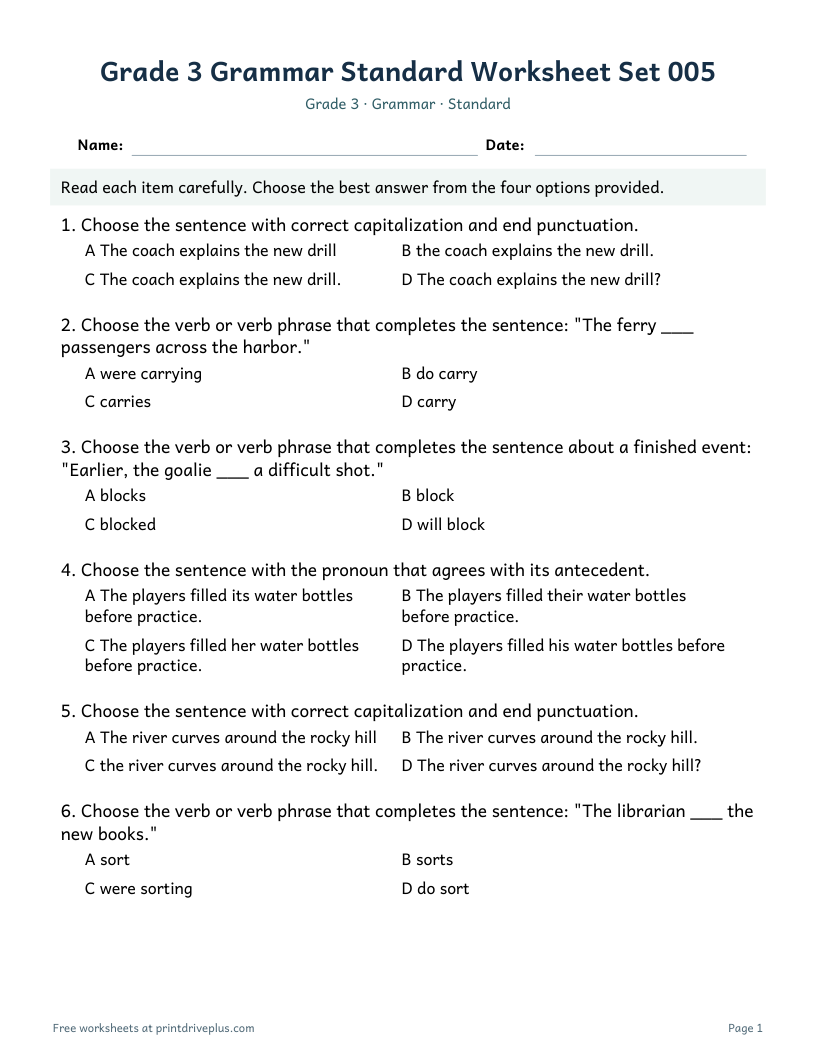 Preview of Grade 3 Grammar Standard Worksheet Set 005