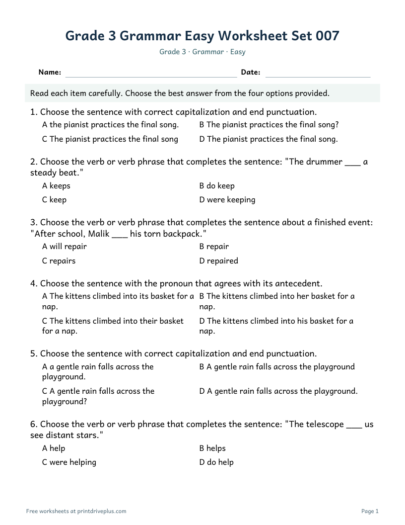 Preview of Grade 3 Grammar Easy Worksheet Set 007