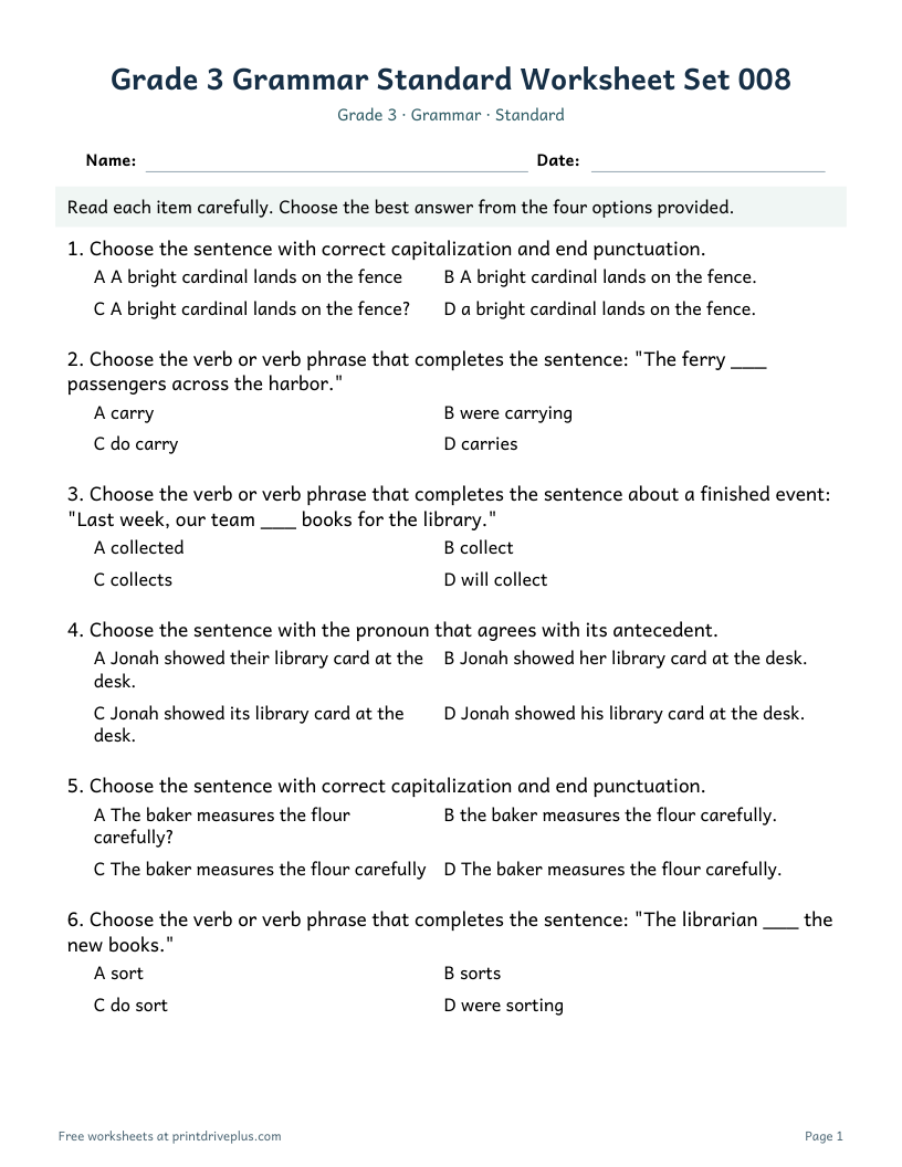 Preview of Grade 3 Grammar Standard Worksheet Set 008