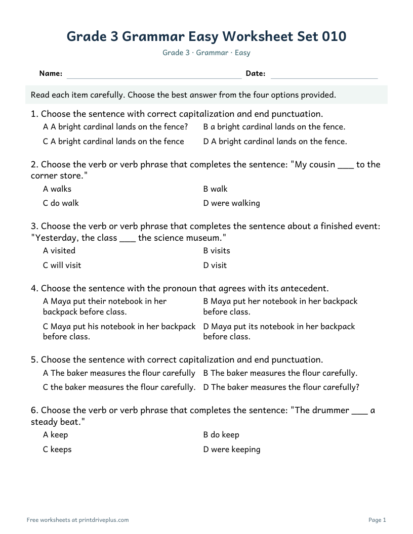 Preview of Grade 3 Grammar Easy Worksheet Set 010