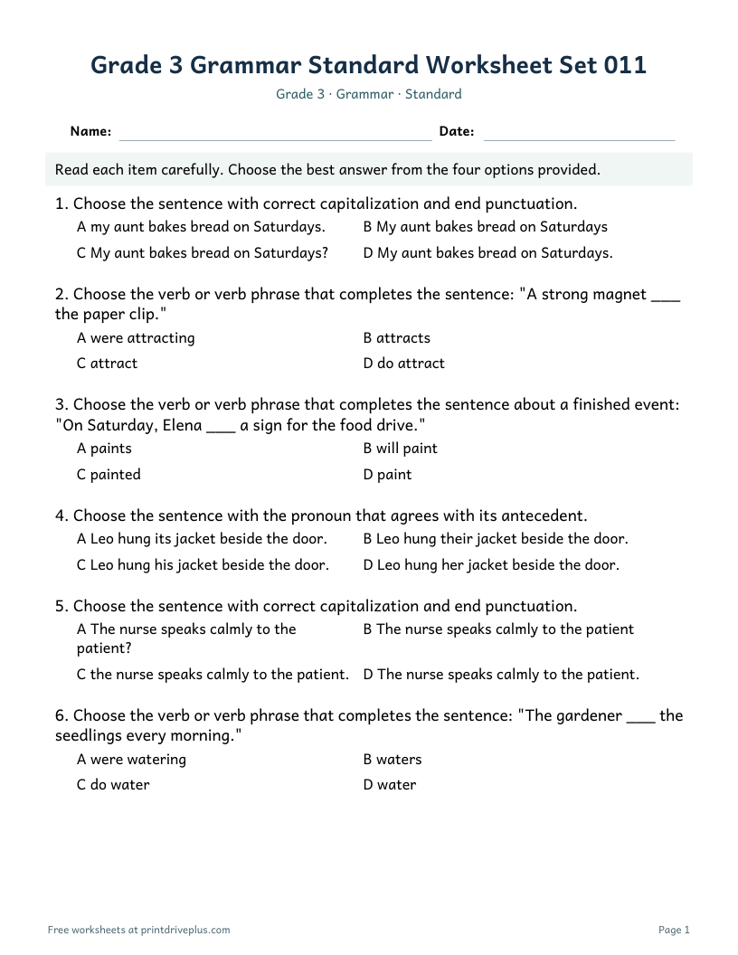 Preview of Grade 3 Grammar Standard Worksheet Set 011