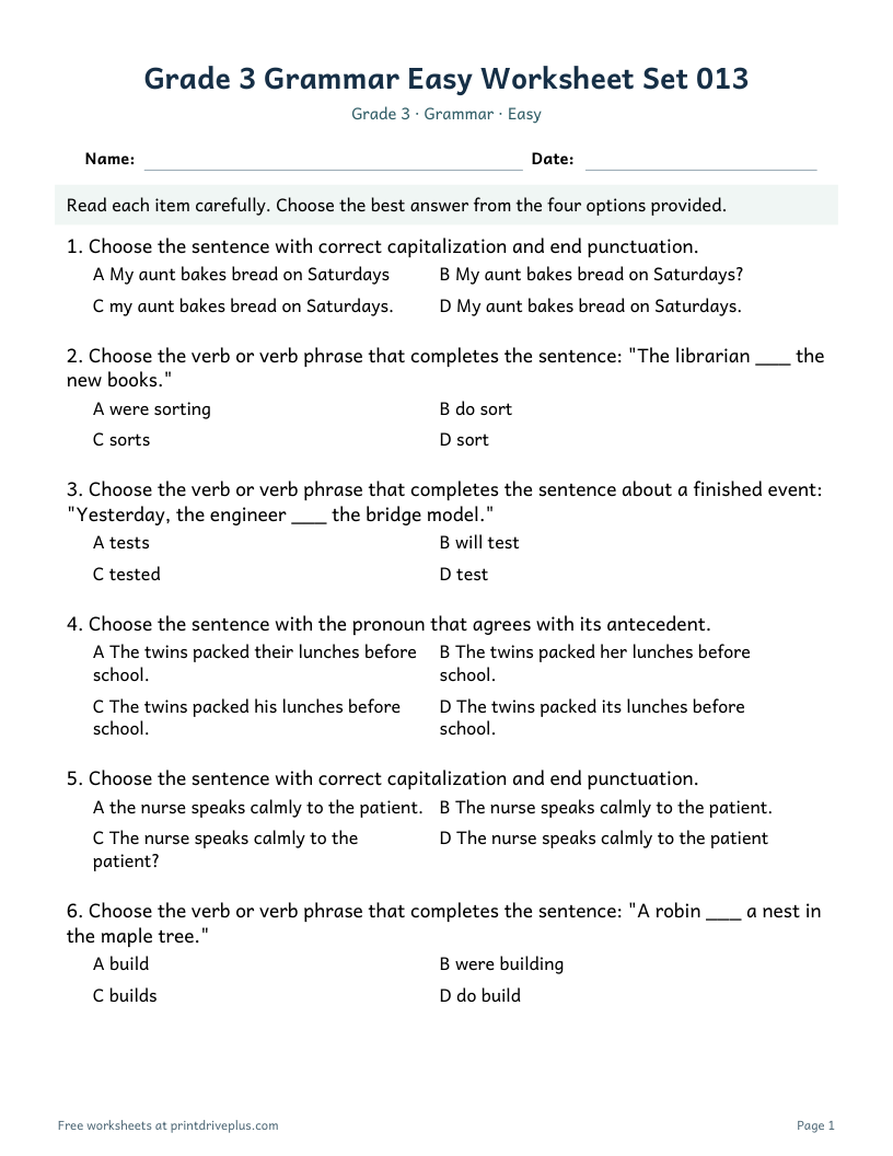 Preview of Grade 3 Grammar Easy Worksheet Set 013