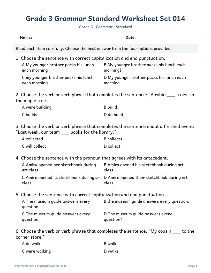 Preview of Grade 3 Grammar Standard Worksheet Set 014
