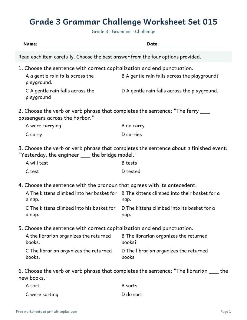 Preview of Grade 3 Grammar Challenge Worksheet Set 015