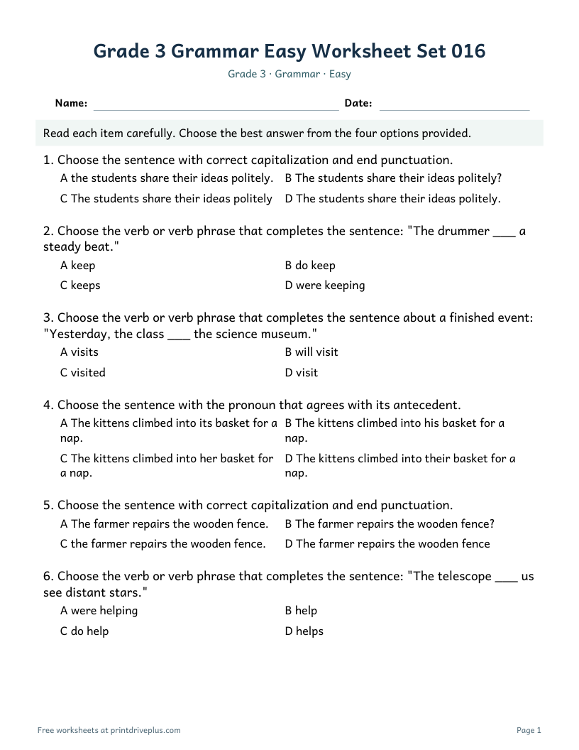 Preview of Grade 3 Grammar Easy Worksheet Set 016