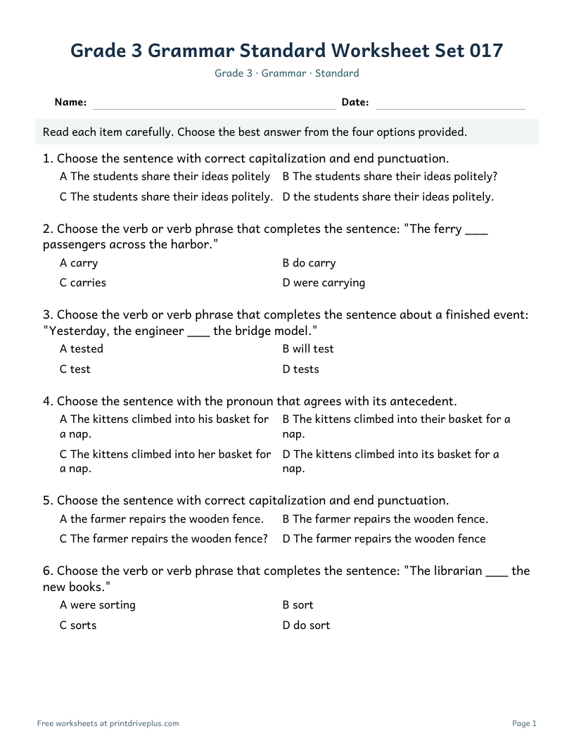 Preview of Grade 3 Grammar Standard Worksheet Set 017