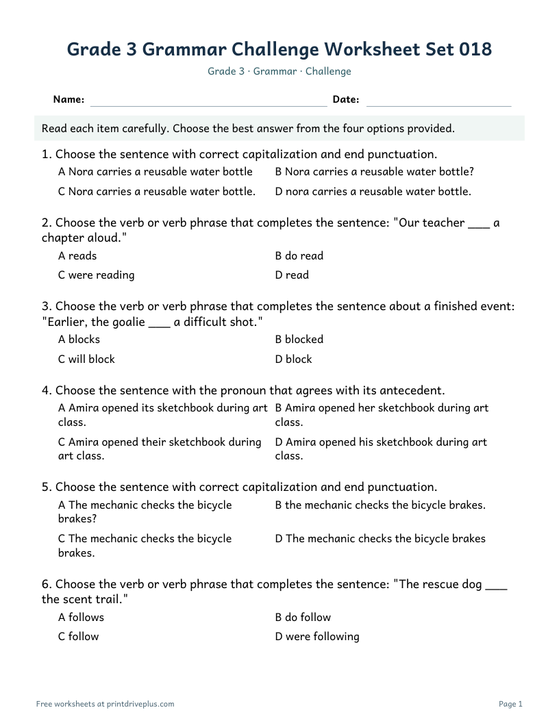 Preview of Grade 3 Grammar Challenge Worksheet Set 018