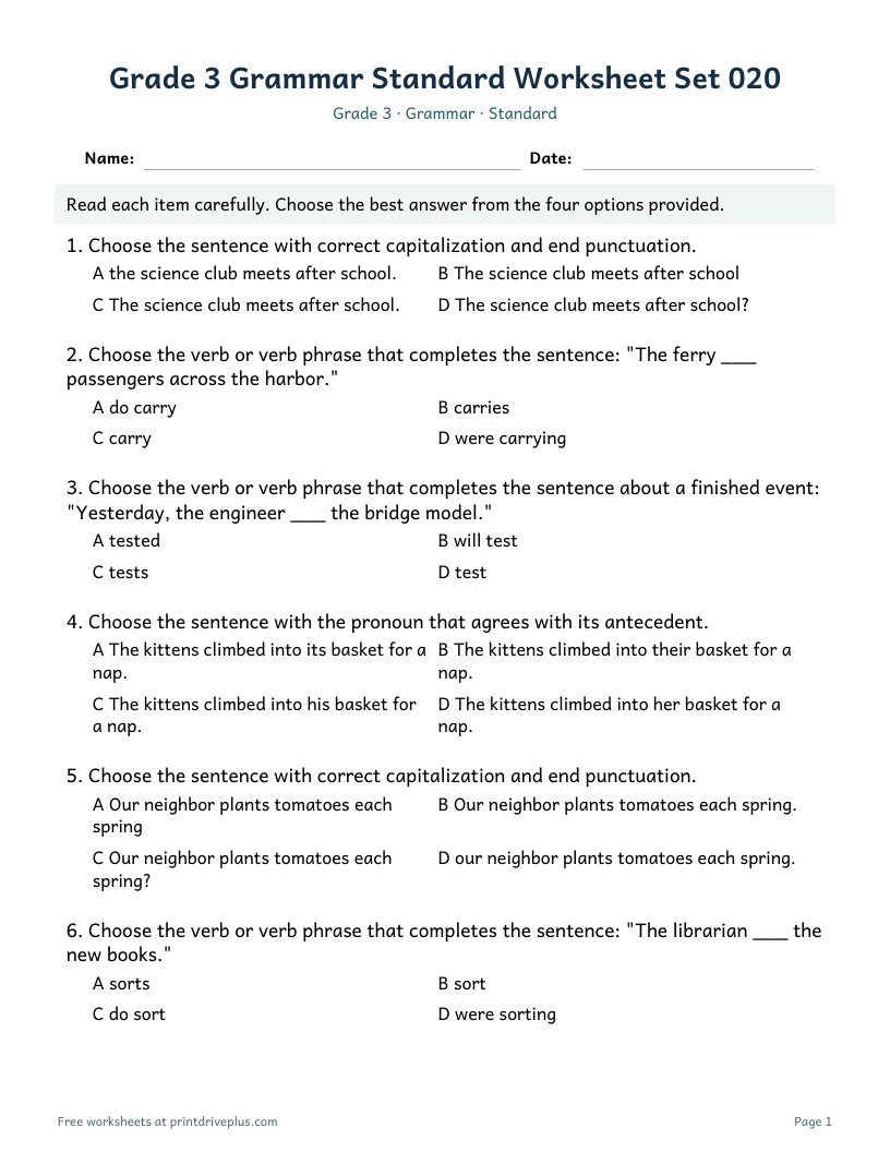 Preview of Grade 3 Grammar Standard Worksheet Set 020