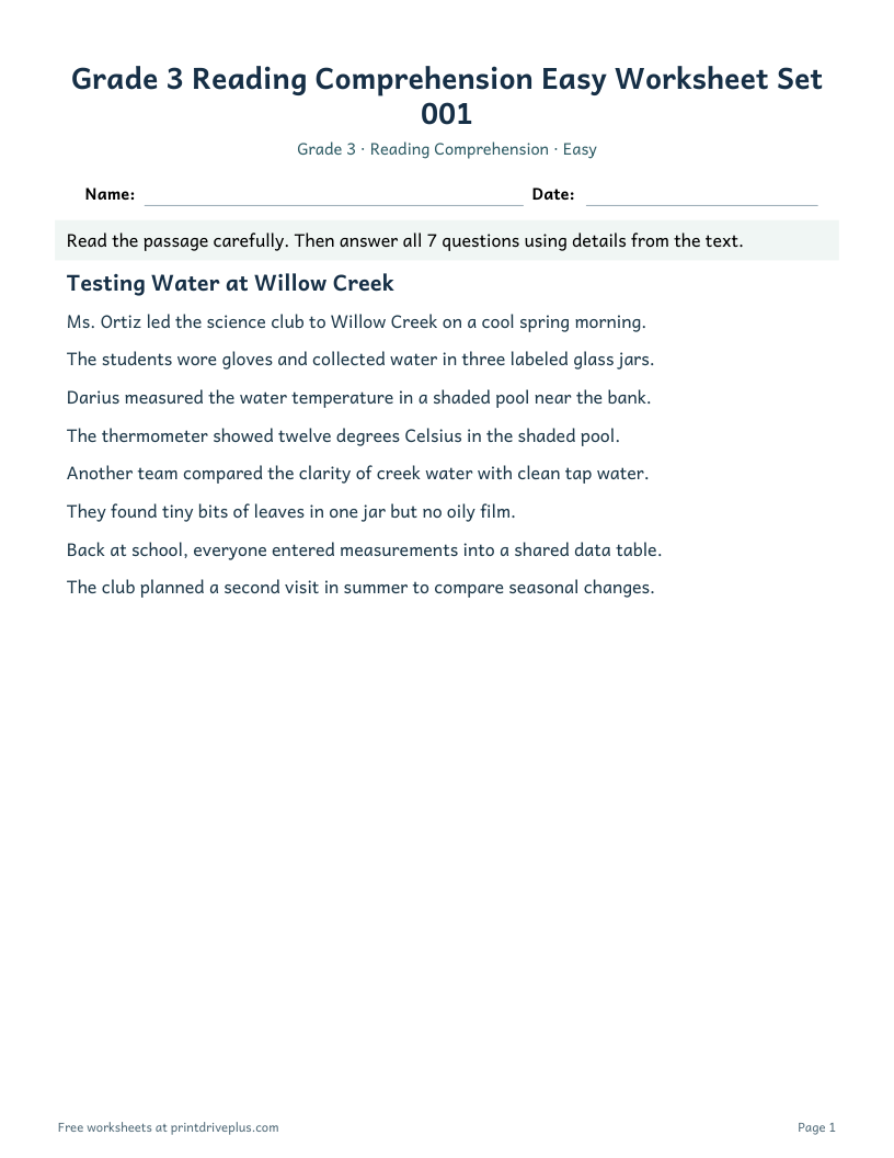 Preview of Grade 3 Reading Comprehension Easy Worksheet Set 001