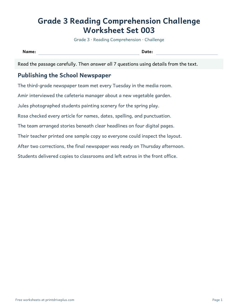 Preview of Grade 3 Reading Comprehension Challenge Worksheet Set 003