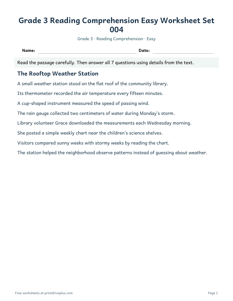 Preview of Grade 3 Reading Comprehension Easy Worksheet Set 004