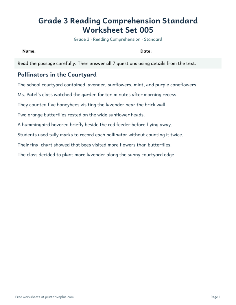 Preview of Grade 3 Reading Comprehension Standard Worksheet Set 005