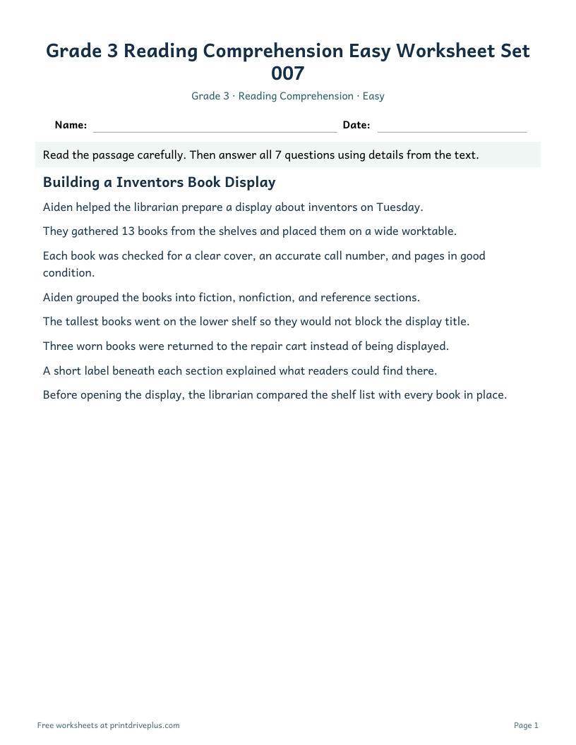 Preview of Grade 3 Reading Comprehension Easy Worksheet Set 007