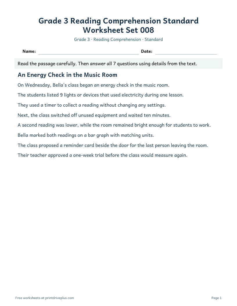 Preview of Grade 3 Reading Comprehension Standard Worksheet Set 008