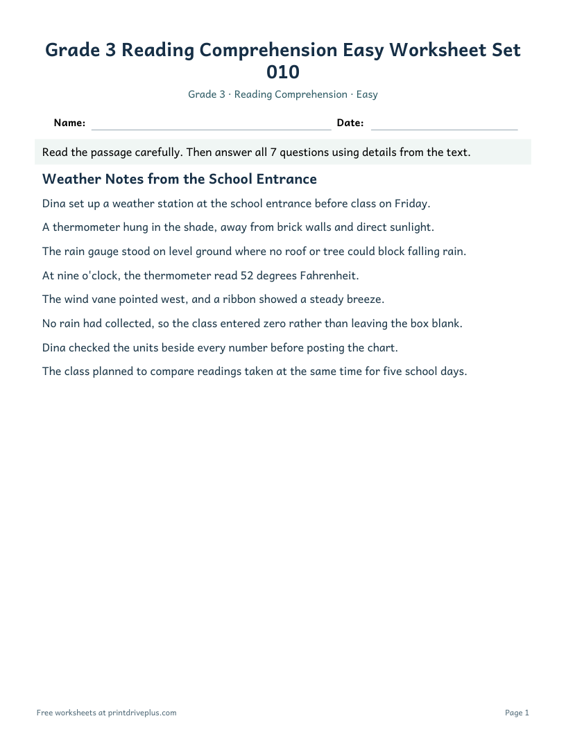 Preview of Grade 3 Reading Comprehension Easy Worksheet Set 010