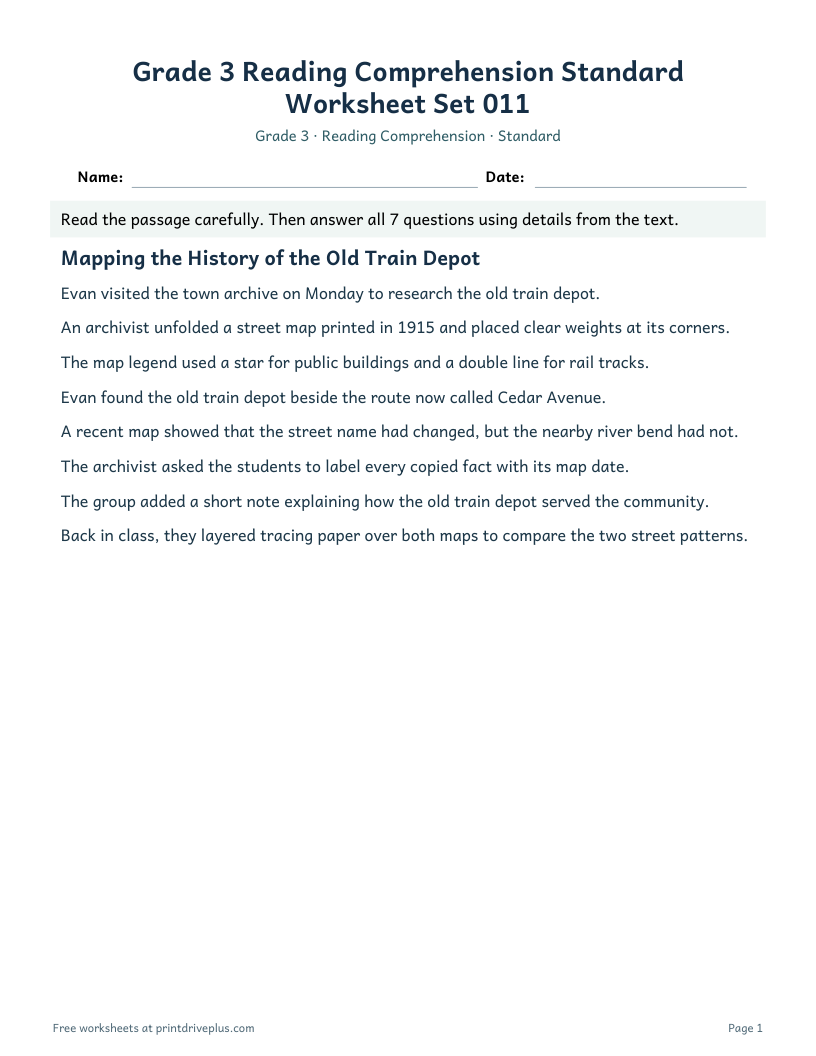 Preview of Grade 3 Reading Comprehension Standard Worksheet Set 011