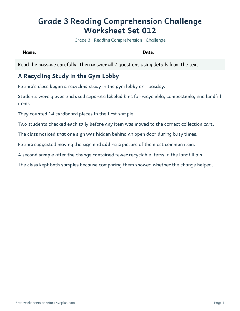 Preview of Grade 3 Reading Comprehension Challenge Worksheet Set 012