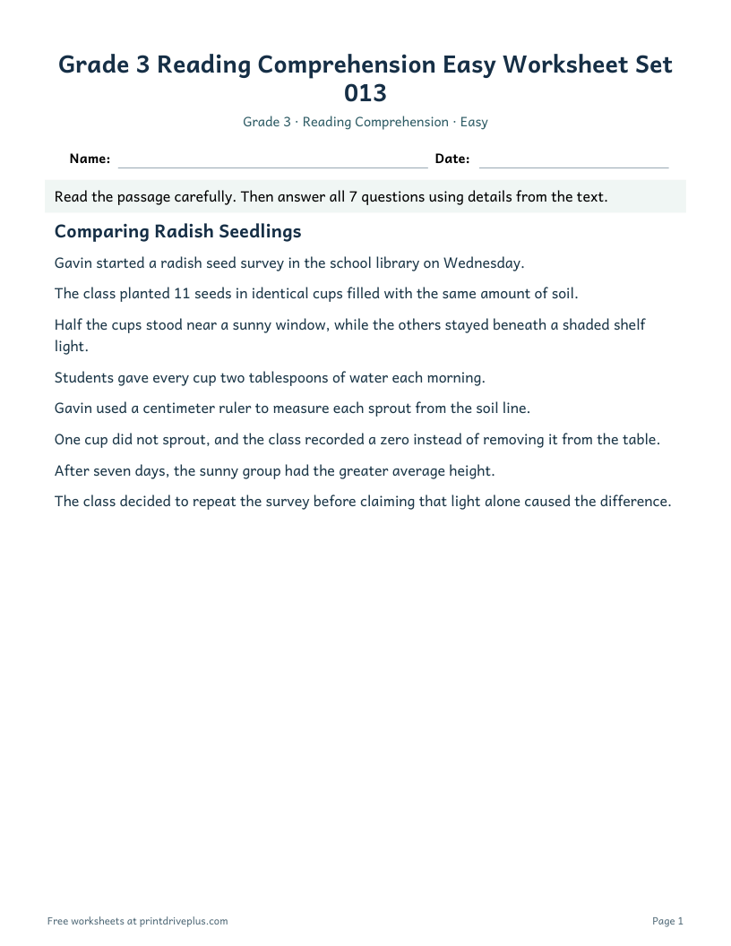 Preview of Grade 3 Reading Comprehension Easy Worksheet Set 013