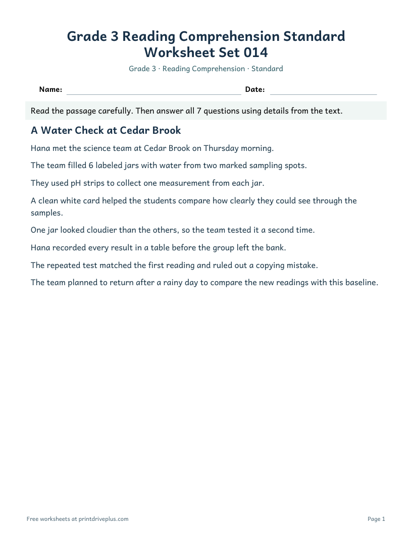 Preview of Grade 3 Reading Comprehension Standard Worksheet Set 014