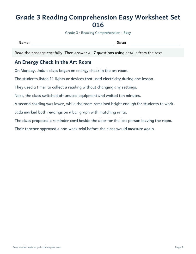 Preview of Grade 3 Reading Comprehension Easy Worksheet Set 016