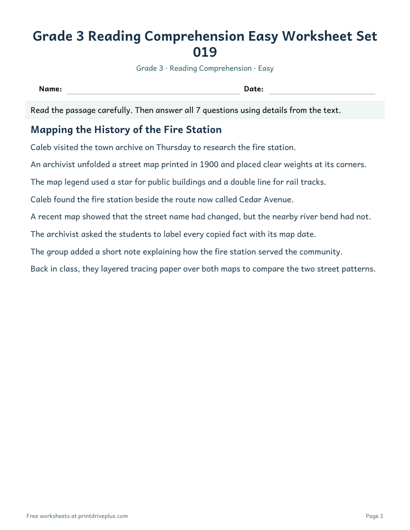 Preview of Grade 3 Reading Comprehension Easy Worksheet Set 019