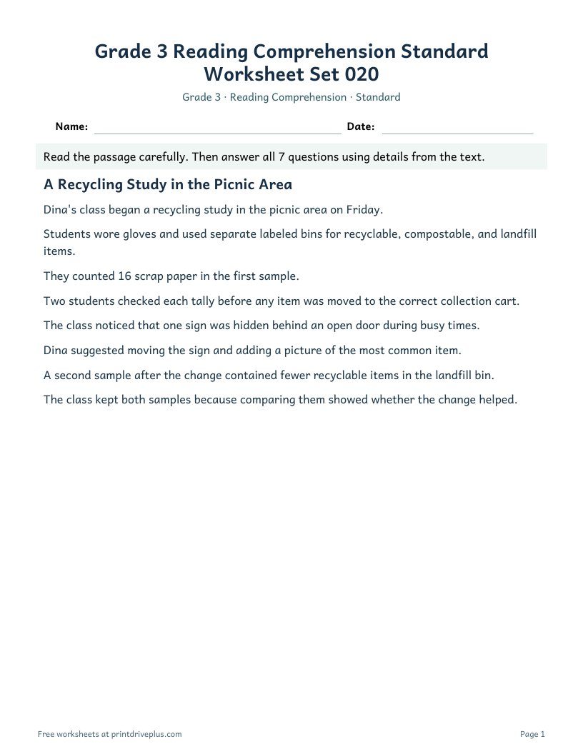 Preview of Grade 3 Reading Comprehension Standard Worksheet Set 020