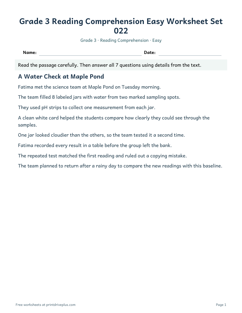 Preview of Grade 3 Reading Comprehension Easy Worksheet Set 022