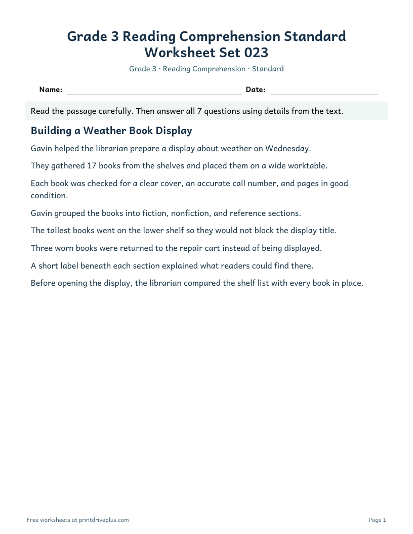 Preview of Grade 3 Reading Comprehension Standard Worksheet Set 023