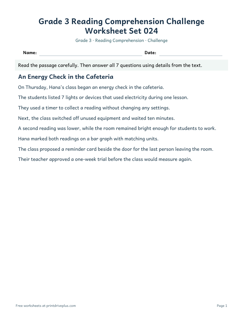 Preview of Grade 3 Reading Comprehension Challenge Worksheet Set 024