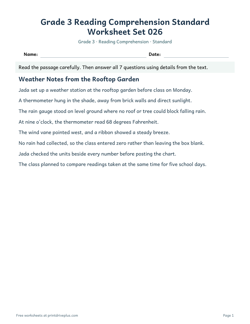 Preview of Grade 3 Reading Comprehension Standard Worksheet Set 026