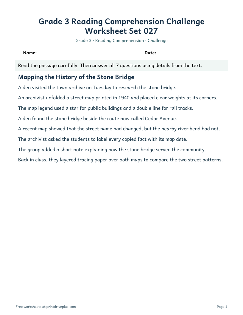 Preview of Grade 3 Reading Comprehension Challenge Worksheet Set 027