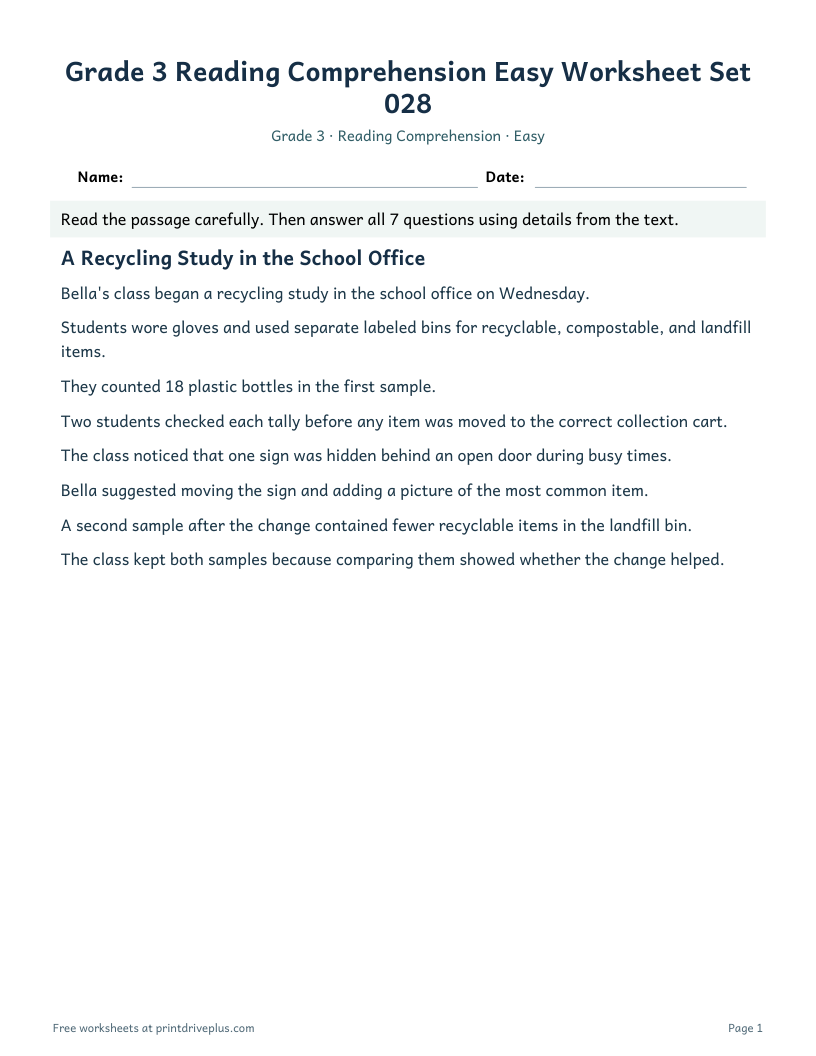 Preview of Grade 3 Reading Comprehension Easy Worksheet Set 028