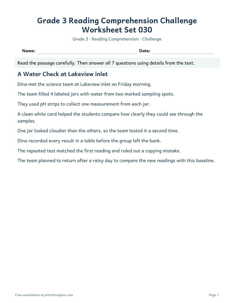 Preview of Grade 3 Reading Comprehension Challenge Worksheet Set 030