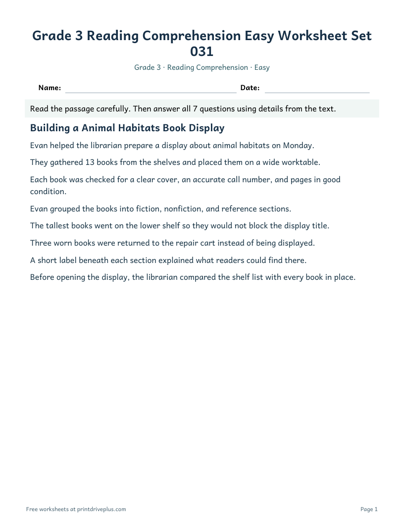Preview of Grade 3 Reading Comprehension Easy Worksheet Set 031