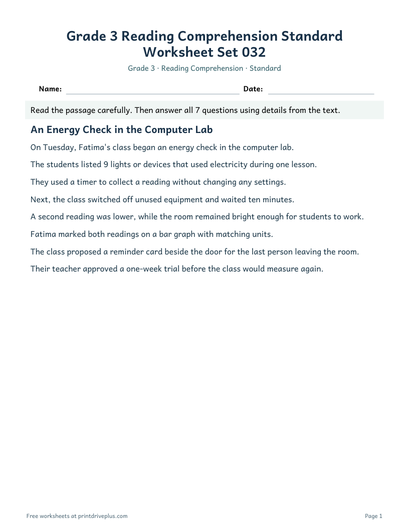 Preview of Grade 3 Reading Comprehension Standard Worksheet Set 032