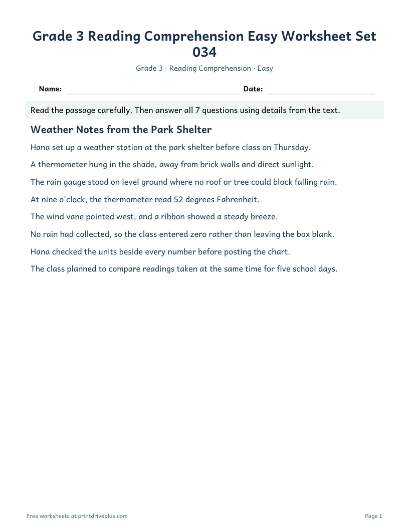 Preview of Grade 3 Reading Comprehension Easy Worksheet Set 034