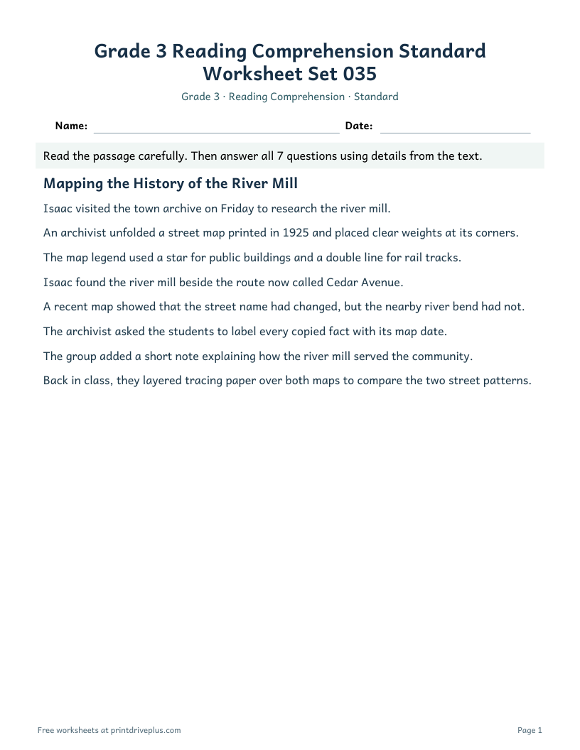 Preview of Grade 3 Reading Comprehension Standard Worksheet Set 035